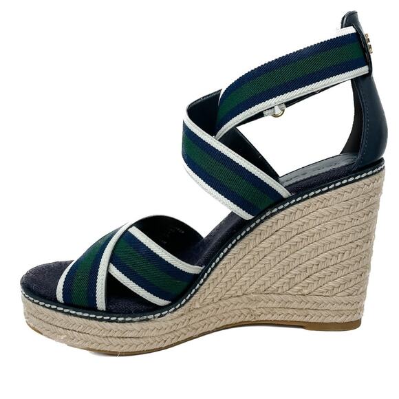 Tory Burch Frieda Green Navy White Stripe Canvas Leather Espadrilles size 9.5 - Picture 11 of 13